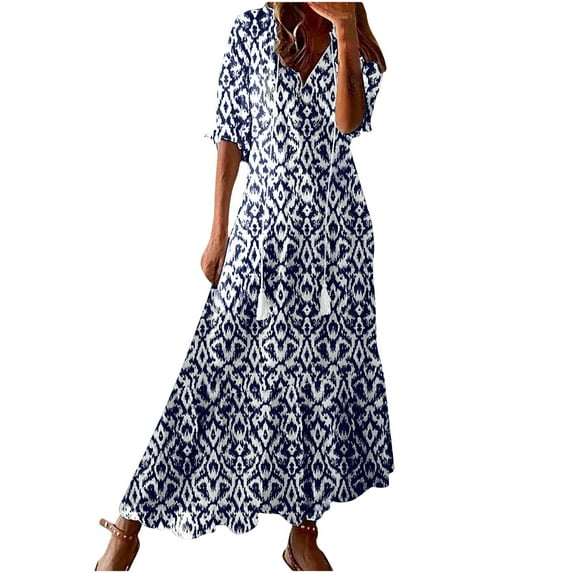 RYDCOT Summer Dresses for Women 2025 Beach Vacation Short Sleeve Boho Maxi Dresses Tassel V Neck Ruffle Flowy Wedding Guest Dresses Sun Dresses Sales
