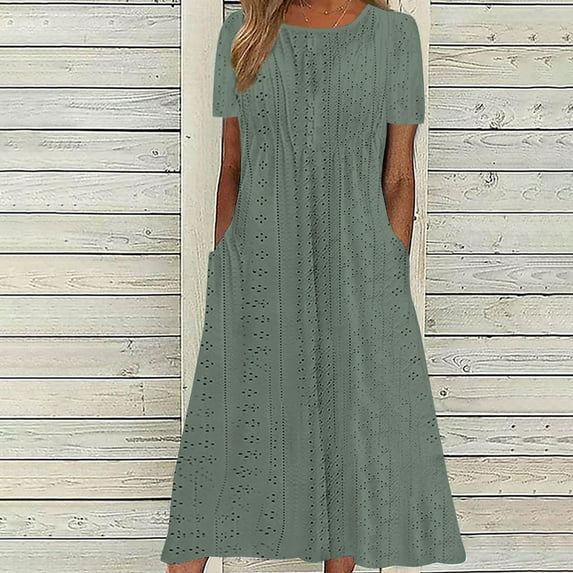 RYDCOT Summer Eyelet Dresses for Women 2024 Solid Color Short Sleeve Round-Neck Dress Pleated Beach Long Dresses with Pockets or Green