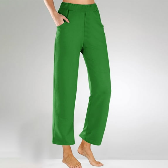 RYDCOT Summer Pants for Women 2024 Casual Solid Color Elastic Waist Pants with Pockets Wide Leg High Waisted Lounge Pants Loose Fit Clearance Green