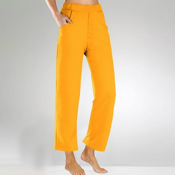RYDCOT Summer Pants for Women 2024 Casual Solid Color Elastic Waist Pants with Pockets Wide Leg High Waisted Lounge Pants Loose Fit Clearance Orange