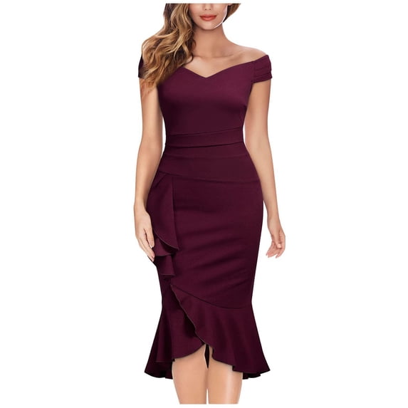 RYDCOT Summer Semi formal Wedding Guest Dresses for Women 2024 Sleeveless off-the-Shoulder Ruched Ruffles Bodycon Cocktail Midi Dresses Flash Deal