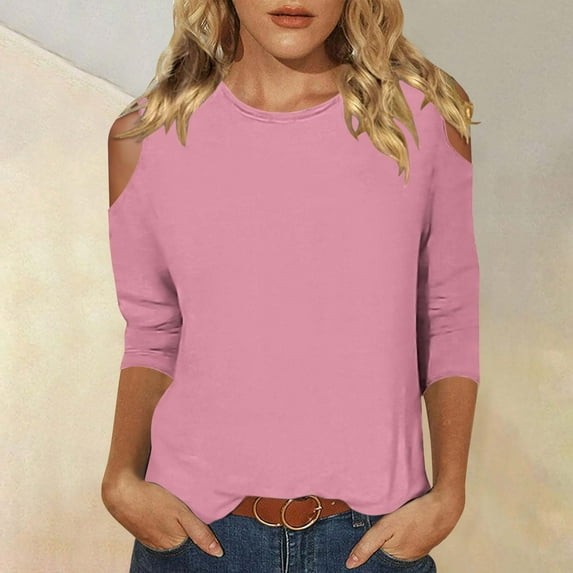 RYDCOT Summer Tops for Women 2024 3/4 Length Sleeve Womens Tops Cold Shoulder Crewneck Basic Tee Tops Shirts Tunic Tops Loose Fit or Pink