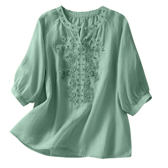 RYDCOT Summer Tops for Women 2025 Vacation 3/4 Sleeve Imitation Cotton Linen Shirts Floral Embroidery Gauze Blouse Lightweight Loose Tops Clearance Green