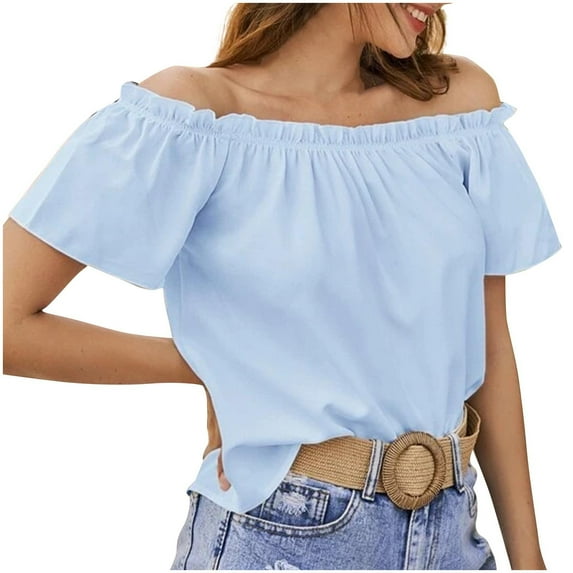 RYDCOT Summer Tops for Women 2025 Vacation off Shoulder Ruffle Short Sleeve Ruched Casual Loose Ladies Tops and Blouses Shirt Fashion Clothes on Clearance Blue