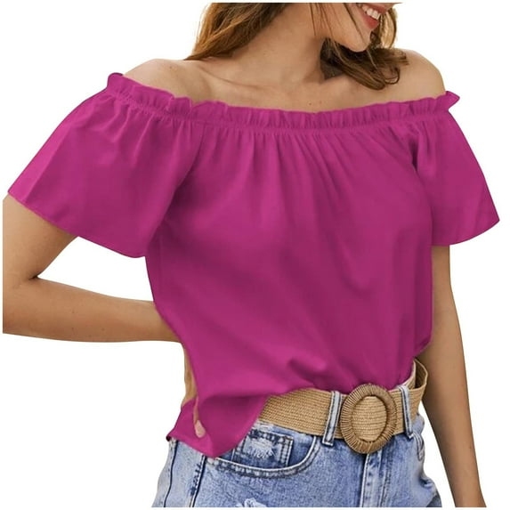RYDCOT Summer Tops for Women 2025 Vacation off Shoulder Ruffle Short Sleeve Ruched Casual Loose Ladies Tops and Blouses Shirt Fashion Clothes Sale Purple
