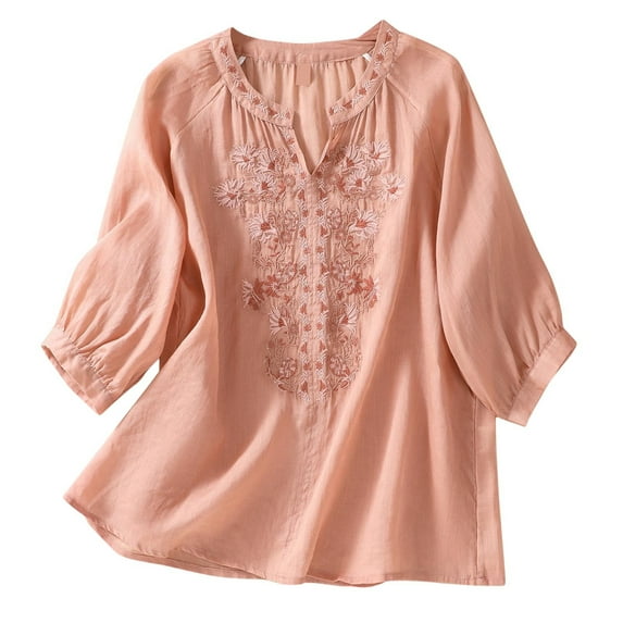RYDCOT Summer Tops for Women 2025 Vacation 3/4 Sleeve Imitation Cotton Linen Shirts Floral Embroidery Gauze Blouse Lightweight Loose Tops Orange