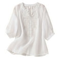 thumbnail image 1 of RYDCOT Summer Tops for Women 2025 Vacation 3/4 Sleeve Imitation Cotton Linen Shirts Floral Embroidery Gauze Blouse Lightweight Loose Tops Sale White, 1 of 8