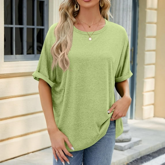 RYDCOT Summer Tops for Women Clearance Casual Short Sleeve Solid Color Crewneck Tee Tops Oversized T Shirts for Women Loose Fit Sale