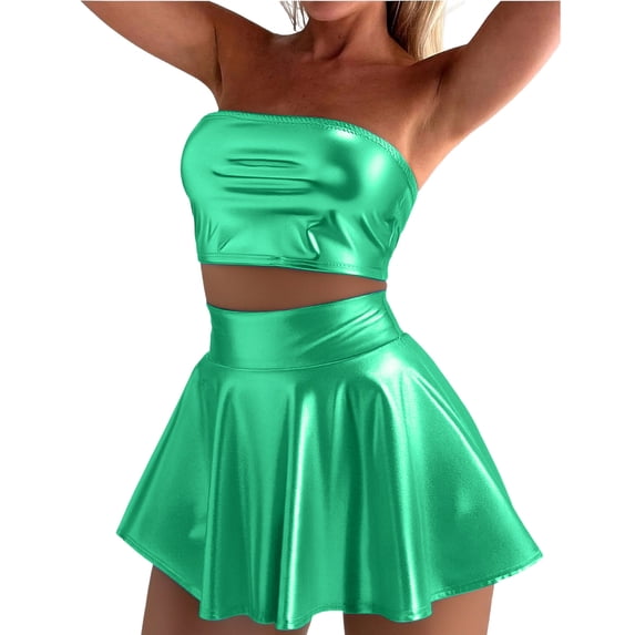 RYDCOT Summer Two Piece Outfits for Women Going Out Glossy Tube Crop Tops High Waist Pleated Mini Skirt Sets Green