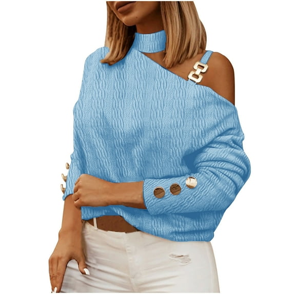 RYDCOT Sweaters for Women Trendy Clearance Womens Turtleneck Sweater Chain Button Decoration Long Sleeve Round Neck Knitted Jumper Top Fall Winter Clearance
