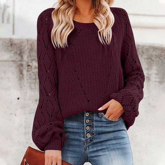 RYDCOT Sweaters for Women Trendy Clearance Women Casual Fashion Solid Hollow Out Pullover Long Sleeve Round-Neck Sweater Sale