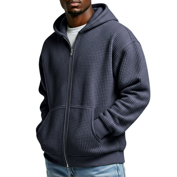 RYDCOT Sweatshirts for Men Sweatshirt Waffle Full Zip up Hooded Solid Color Hoodie with Pocket Navy