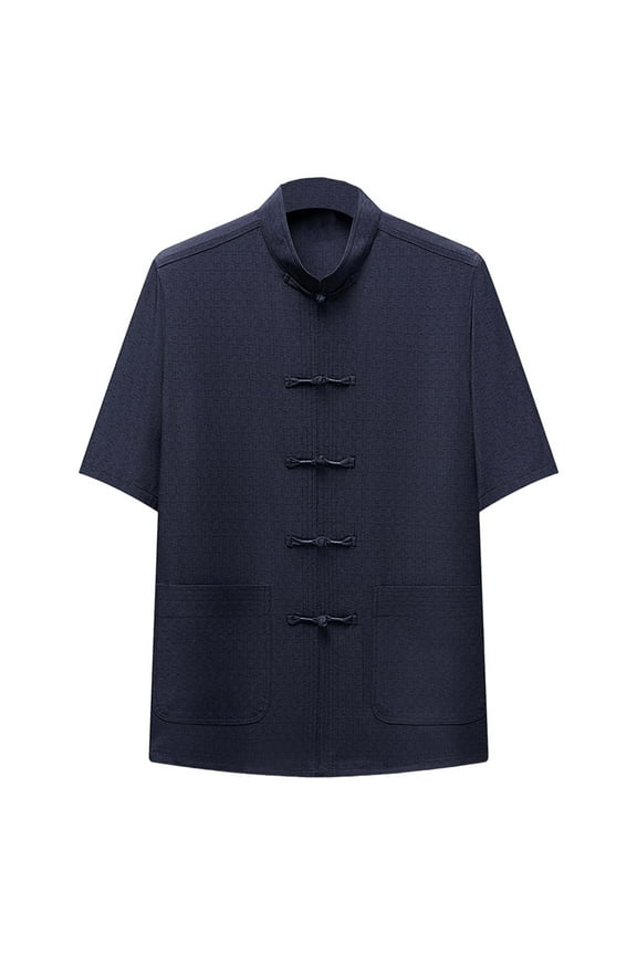 Tang Shirt Men Nylon,Tang Suit Men Short Sleeve Shirt,Hanfu Chinese Traditional Clothes,Chinese Clothing Tang Suit Tops Navy