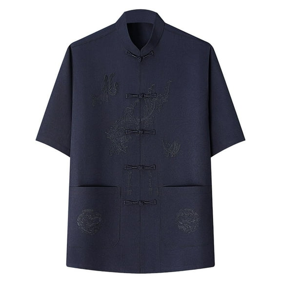RYDCOT Tang Suit Men Hanfu Chinese Traditional Clothes Kung Fu Shirt Uniform Embroidered Dragon Pattern Short Sleeved T-Shirt Tops Navy