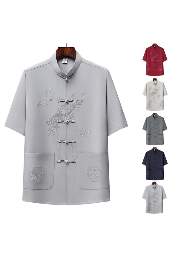 Tang Suit Men Hanfu Chinese Traditional Clothes Kung Fu Shirt Uniform Embroidered Dragon Pattern Short Sleeved T-Shirt Tops Red