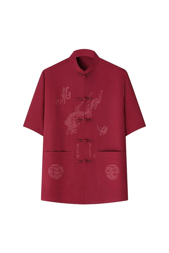 Tang Suit Men Hanfu Chinese Traditional Clothes Kung Fu Shirt Uniform Embroidered Dragon Pattern Short Sleeved T-Shirt Tops Red