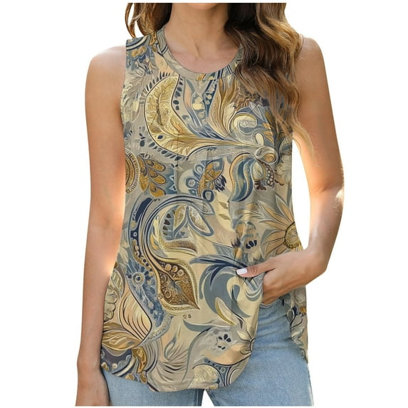 RYDCOT Tank Top for Women Loose Fit Summer Sleeveless Printed Crew Neck Pleated Front Shirts Tunics Tops Beach Vacation Outfits Beige