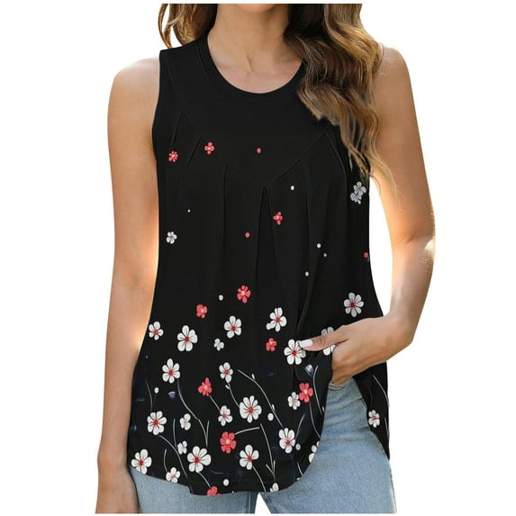 RYDCOT Tank Top for Women Loose Fit Summer Sleeveless Printed Crew Neck Pleated Front Shirts Tunics Tops Beach Vacation Outfits Sales Black