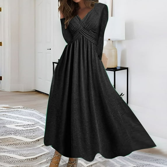 RYDCOT Tea Party Dresses for Women 2023 Women's Fall Winter Sasual Loose Solid Color Long Sleeve V-Neck Long Dress Sale or Clearance Black