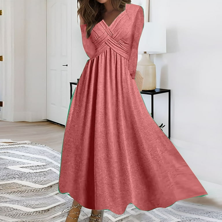 RYDCOT Tea Party Dresses for Women 2023 Women s Fall Winter Sasual Loose Solid Color Long Sleeve V Neck Long Dress Sale or Clearance Red