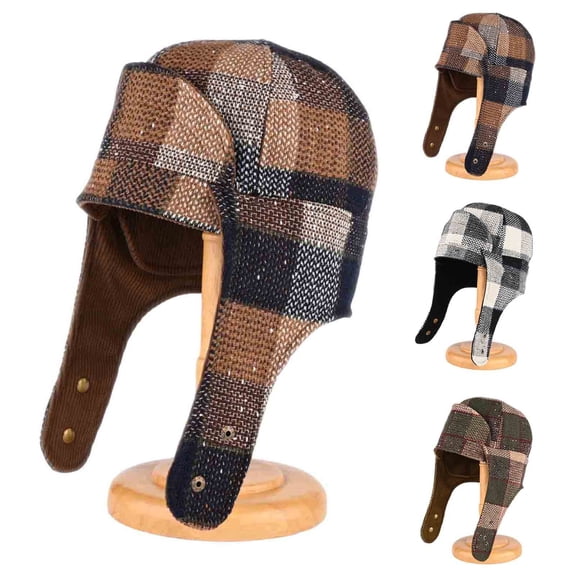 RYDCOT Trapper Hat Corduroy Plaid Earflaps Cap with Chin Strap Winter Hunting Cap Warm Lining Hat for Women Men