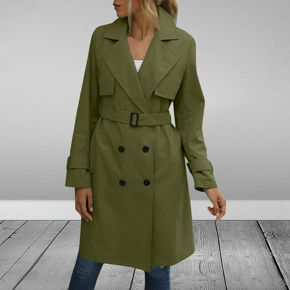 RYDCOT Trench Coats for Women Long Double Breasted Classic Lapel Coat Belted Casual Solid Color Coat Long Sleeve Overcoat Winter Outwear on Clearance