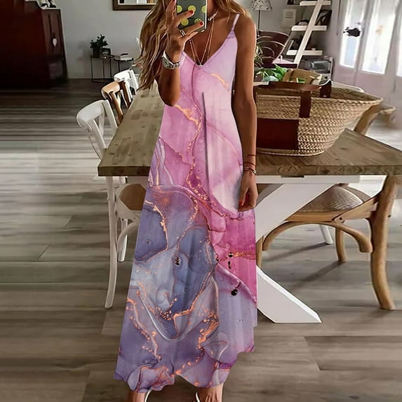 RYDCOT Tropical Dresses for Women Hawaiian Summer V Neck Spaghetti Strap Floral Sleeveless Casual Long Maxi Dress Vacation Dresses Sale
