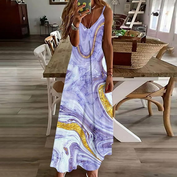 RYDCOT Tropical Dresses for Women Hawaiian Summer V Neck Spaghetti Strap Floral Sleeveless Casual Long Maxi Dress Vacation Dresses on Clearance