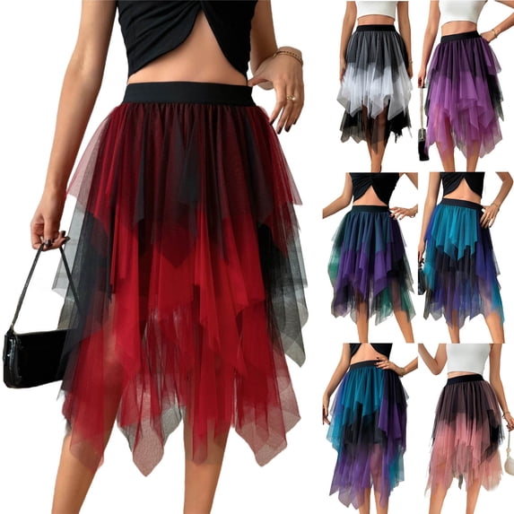 FRSASU Contrast Color Women's Tulle Skirts High Low Layered Puffy Fairy Skirt Midi Length Irregular Party Tulle Skirt Red