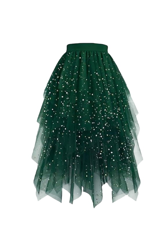 RYDCOT Tulle Skirts for Women, Puffy Skirt Asymmetrical Midi Length Ruffled Tutu Layered Mesh Sequin Fairy Skirt Army Green
