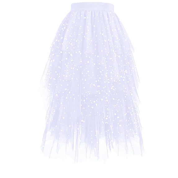 RYDCOT Tulle Skirts for Women, Puffy Skirt Asymmetrical Midi Length Ruffled Tutu Layered Mesh Sequin Fairy Skirt White