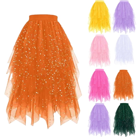 RYDCOT Tulle Skirts for Women, Puffy Skirt Asymmetrical Midi Length Ruffled Tutu Layered Mesh Sequin Fairy Skirt Yellow