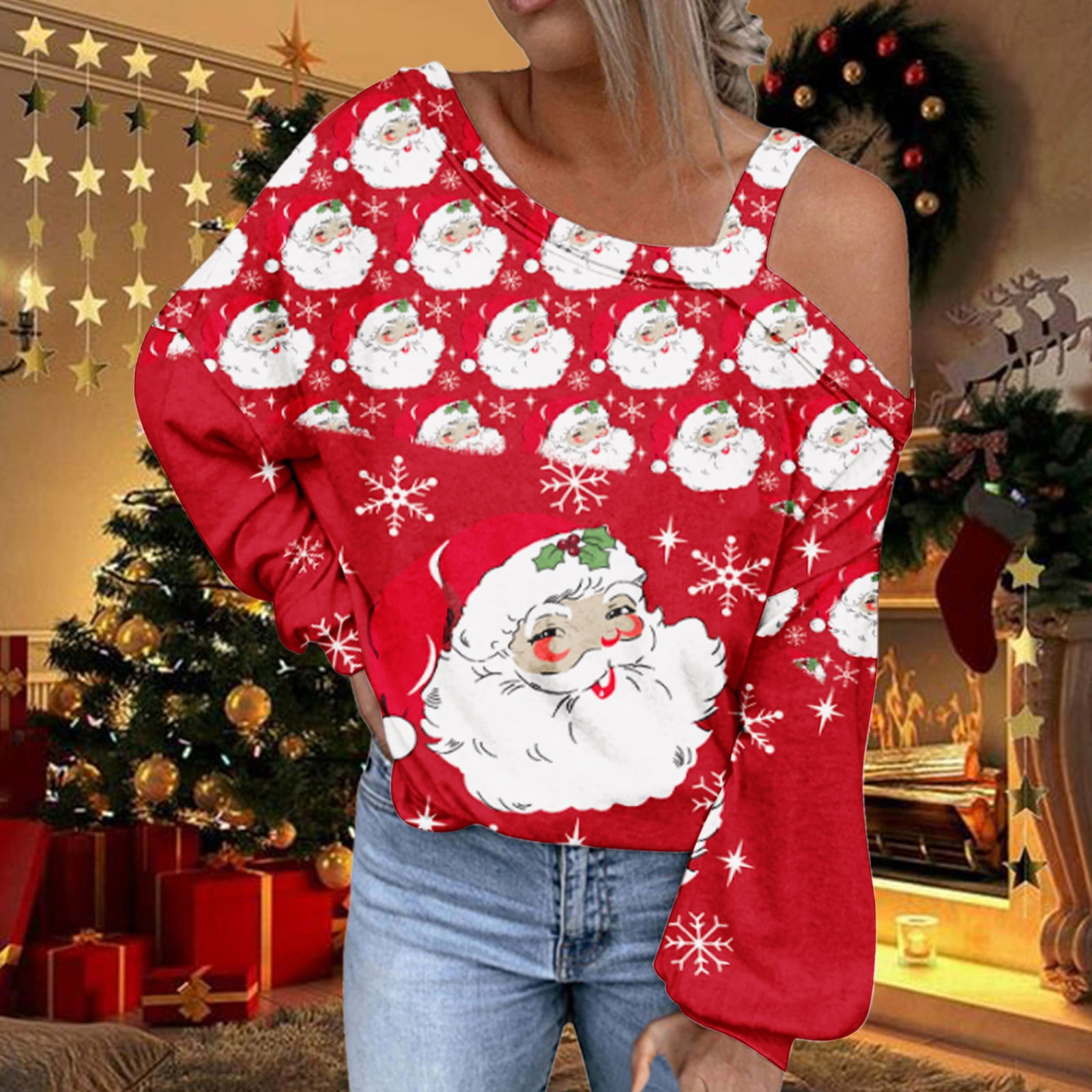 RYDCOT Tunics Or Tops To Wear with Leggings Women's Merry Christmas  Sweatshirt Xmas Santa Claus Cold Shoulder Shirt Graphic Long Sleeve  Pullover Evaless Clearance 