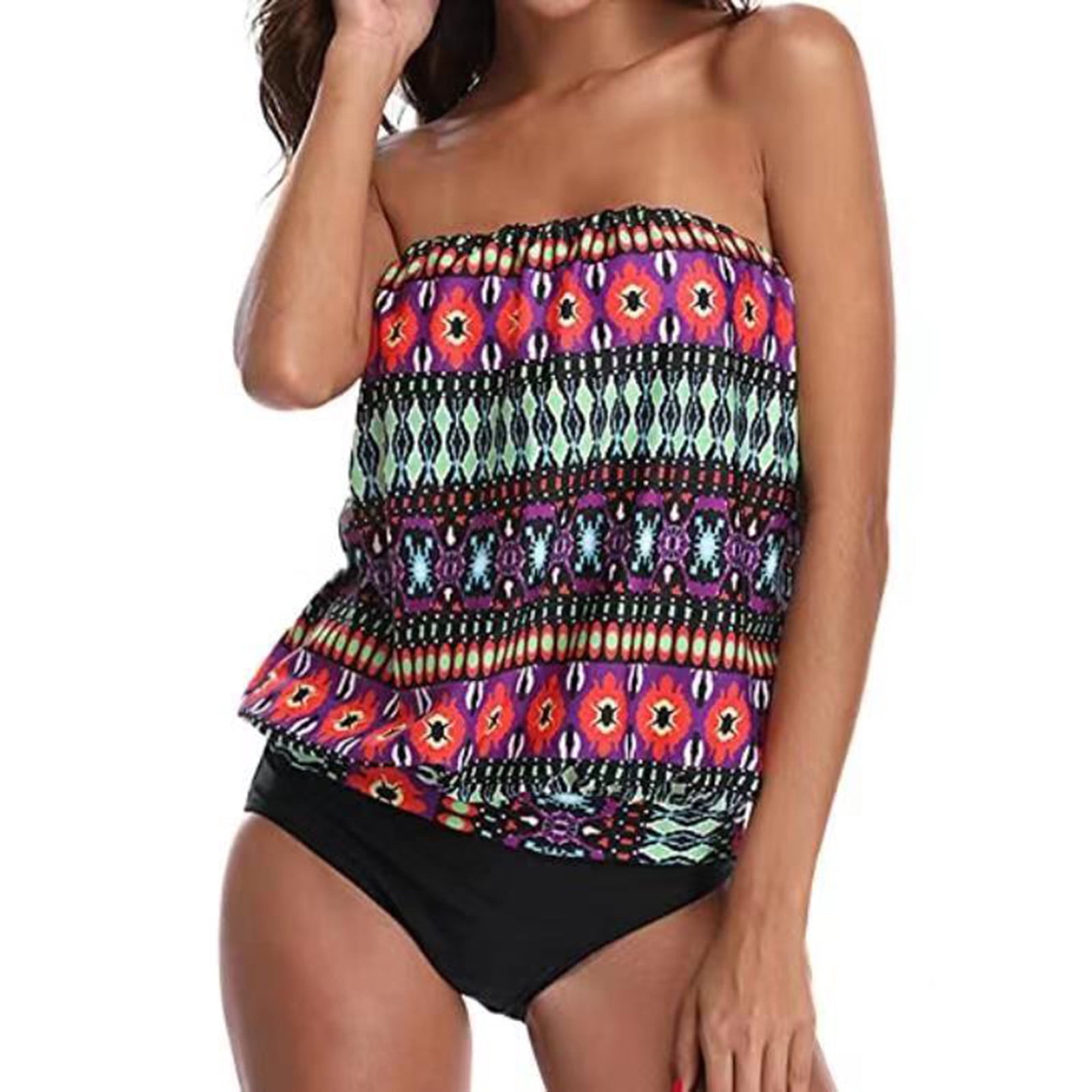 RYDCOT Two Piece Bandeau Tankini Swimsuits for Women Loose Blouson Swim