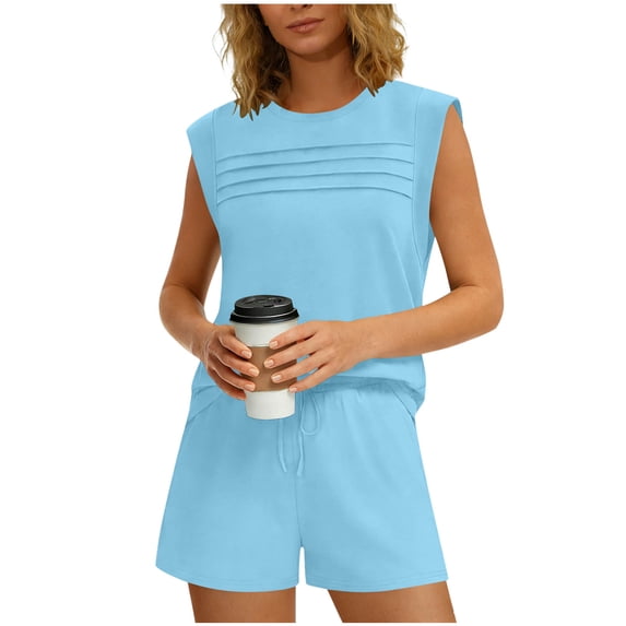 RYDCOT Two Piece Sets for Women Lounge Shorts Sets Sweatsuit Sleeveless Pleated Crew Neck Tops and Drawstring Shorts with Pockets Light Blue