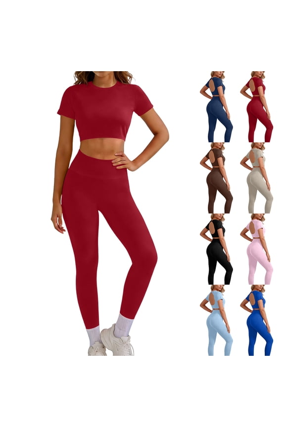 Two Piece Workout Set for Women High Waist Leggings and Short Sleeve Backless Tops Gym Yoga Outfits Pink