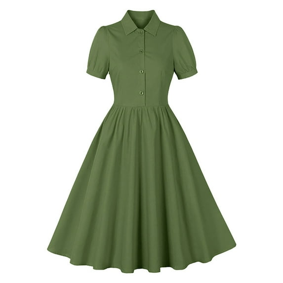 RYDCOT Vintage Dress for Women 1950s Button Down Midi Shirt Dresses for Women 2024 Short Sleeve Elegant Dresses Cocktail Party Swing Dress on Clearance