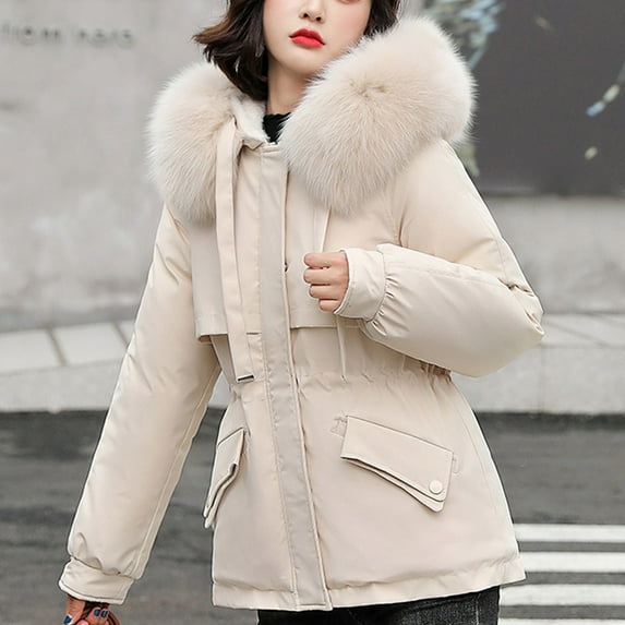 RYDCOT Warm Winter Coats for Women Mid Length Sherpa Lined Warm Heavy Jackets Windproof Thickened Down Jacket Outerwear with Faux Fur Hood Sale or Clearance