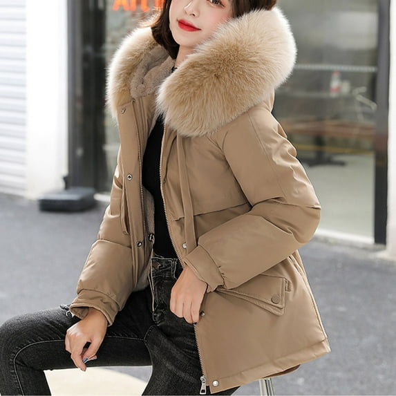 RYDCOT Warm Winter Coats for Women Mid Length Sherpa Lined Warm Heavy Jackets Windproof Thickened Down Jacket Outerwear with Faux Fur Hood Sale or Clearance
