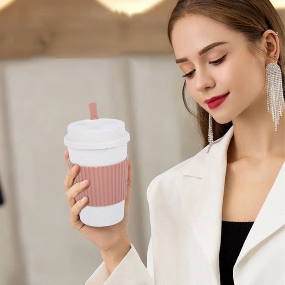 RYDCOT Wheat Coffee Cups with Lids and Straws, Hot Paper Coffee Cup with Lid To Go for Beverages Espresso Tea, Insulated Reusable Cold Drinks Ripple Cups Protect Fingers From Heat (1 Pcs)