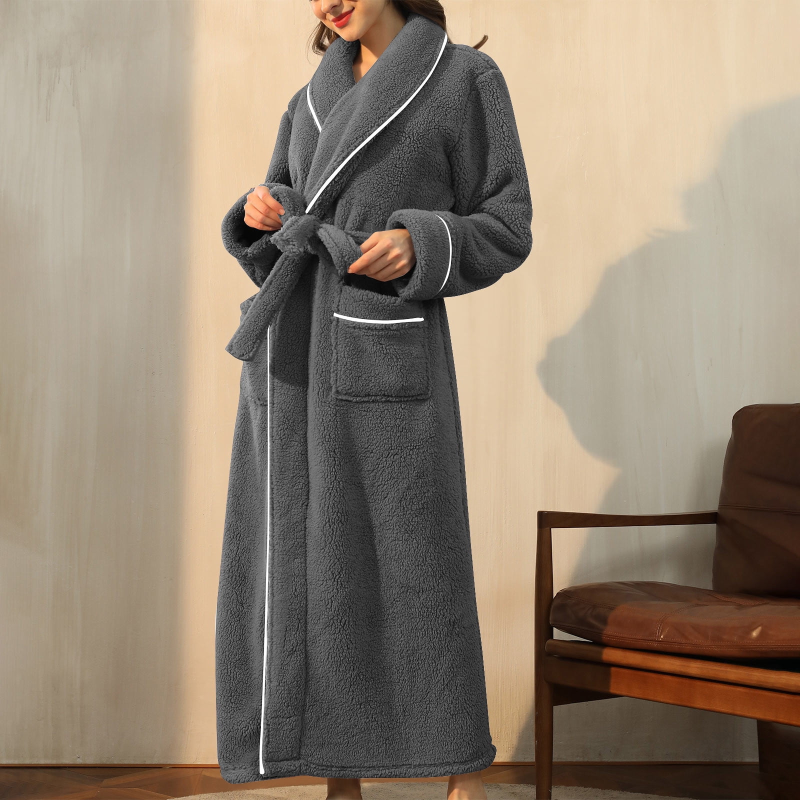 RYDCOT Winter Fleece Pajama Robes for Women Solid Bandage Robe Bathrobe