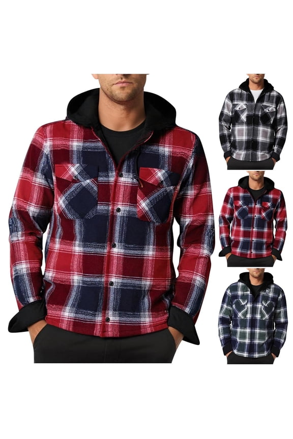 Winter Heavy Warm Sherpa Lined Fleece Plaid Shirts Button Quilted Flannel Jacket with Hood Men Plus Size 3XL Big&Tall Mens Coat Red