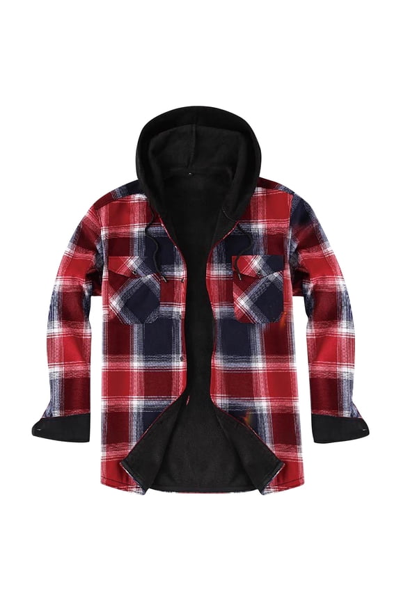 Winter Heavy Warm Sherpa Lined Fleece Plaid Shirts Button Quilted Flannel Jacket with Hood Men Plus Size 3XL Big&Tall Mens Coat Red