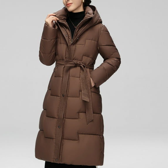 RYDCOT Winter Jackets for Women 2024 Women's Fall and Winter Wave Seam Hooded Cotton Coat Mid-length Knee-length Cotton Coat Long-sleeved Cotton Coat Clearance