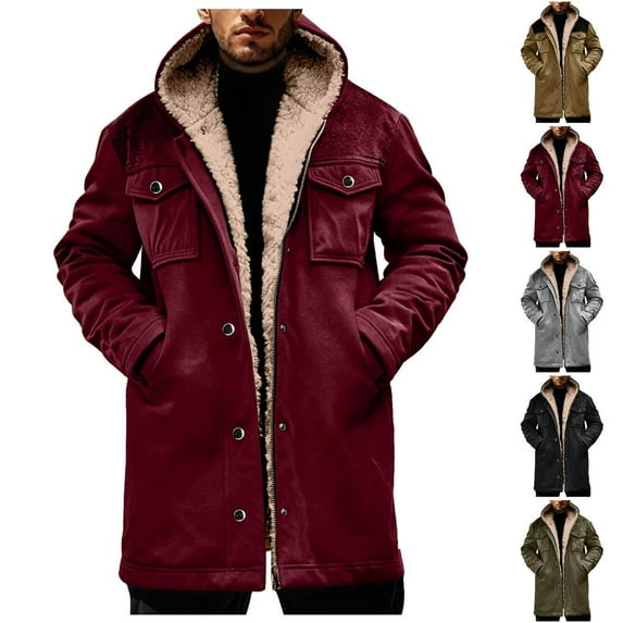 RYDCOT Winter Jackets for Men Vintage Faux Suede Fleece Sherpa Lined Long Coat Casual Thick thermal Cargo Zip up Snap Jacket with Pocket Western Wine