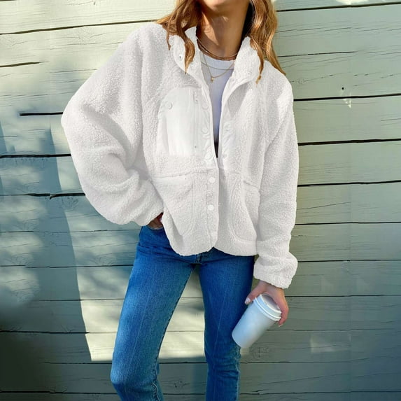 RYDCOT Winter Jackets for Women 2023 Sherpa Fleece Jackets Casual Long Sleeve Buttons Cropped Coat Winter Outwear Sale