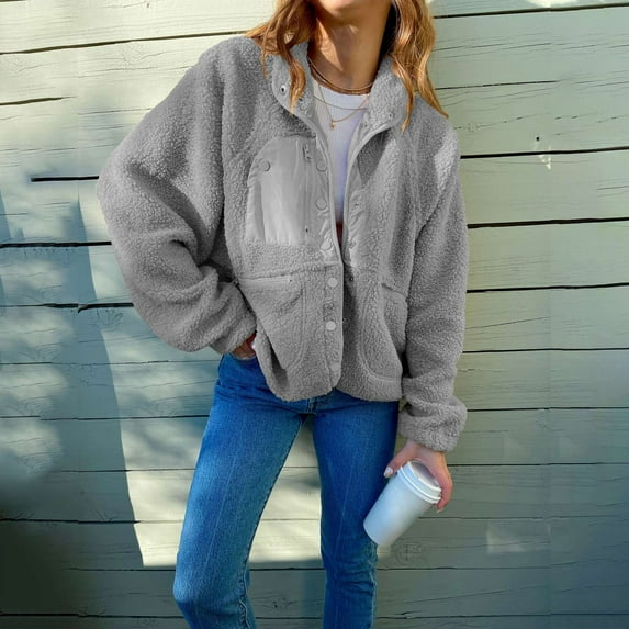 RYDCOT Winter Jackets for Women 2023 Sherpa Fleece Jackets Casual Long Sleeve Buttons Cropped Coat Winter Outwear