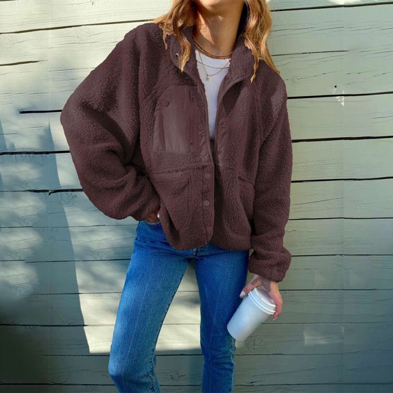 RYDCOT Winter Jackets for Women 2023 Sherpa Fleece Jackets Casual Long Sleeve Buttons Cropped Coat Winter Outwear on Clearance