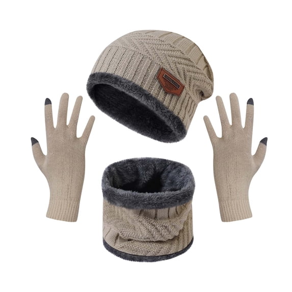 RYDCOT Winter Knit Beanie Hat Neck Warmer Scarf and Touch Screen Gloves Set 3 Pcs Fleece Lined Skull Cap for Men Women Beige