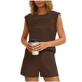 thumbnail image 1 of RYDCOT Women 2 Piece Outfits Workout Sets Summer Matching Lounge Set Pleated Crew Neck Tunic Tops and Biker Short Sets Coffee, 1 of 8